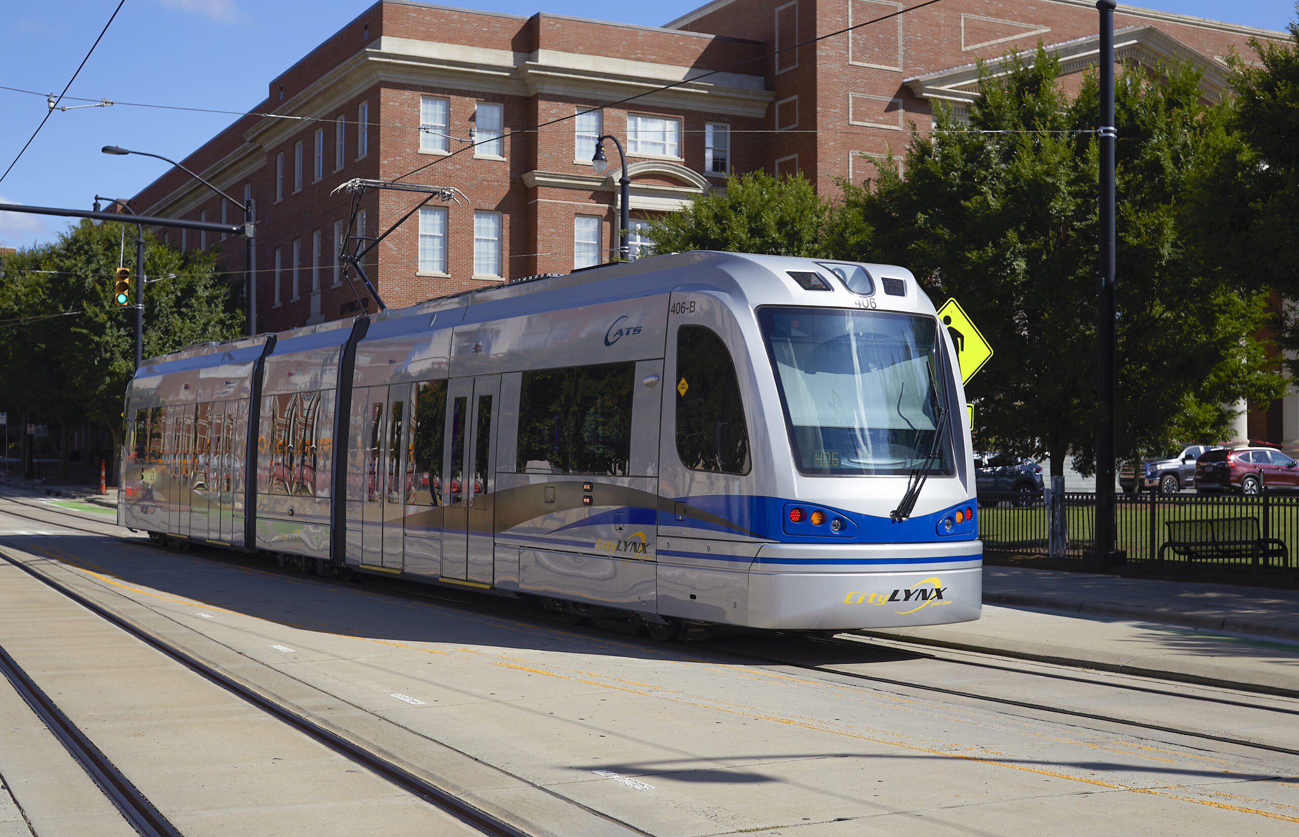 Hybrid tram of Siemens Mobility in the street of Charlotte, USA