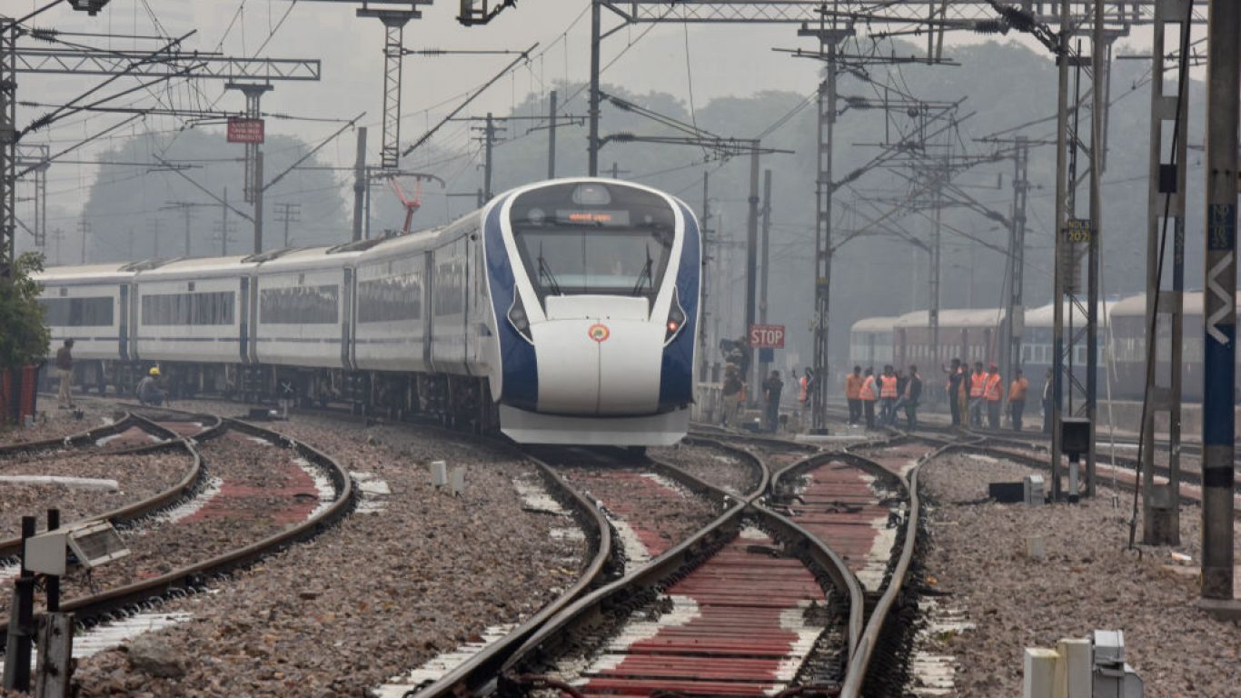 Vande Bharat Express EMU departs from New Delhi Railway Station, India
