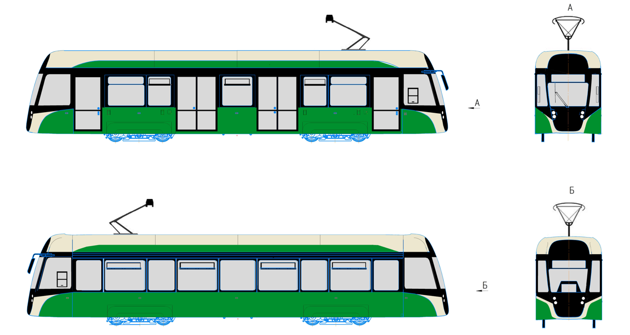 Sketch of body painting for perspective low-floor trams for Chelyabinsk