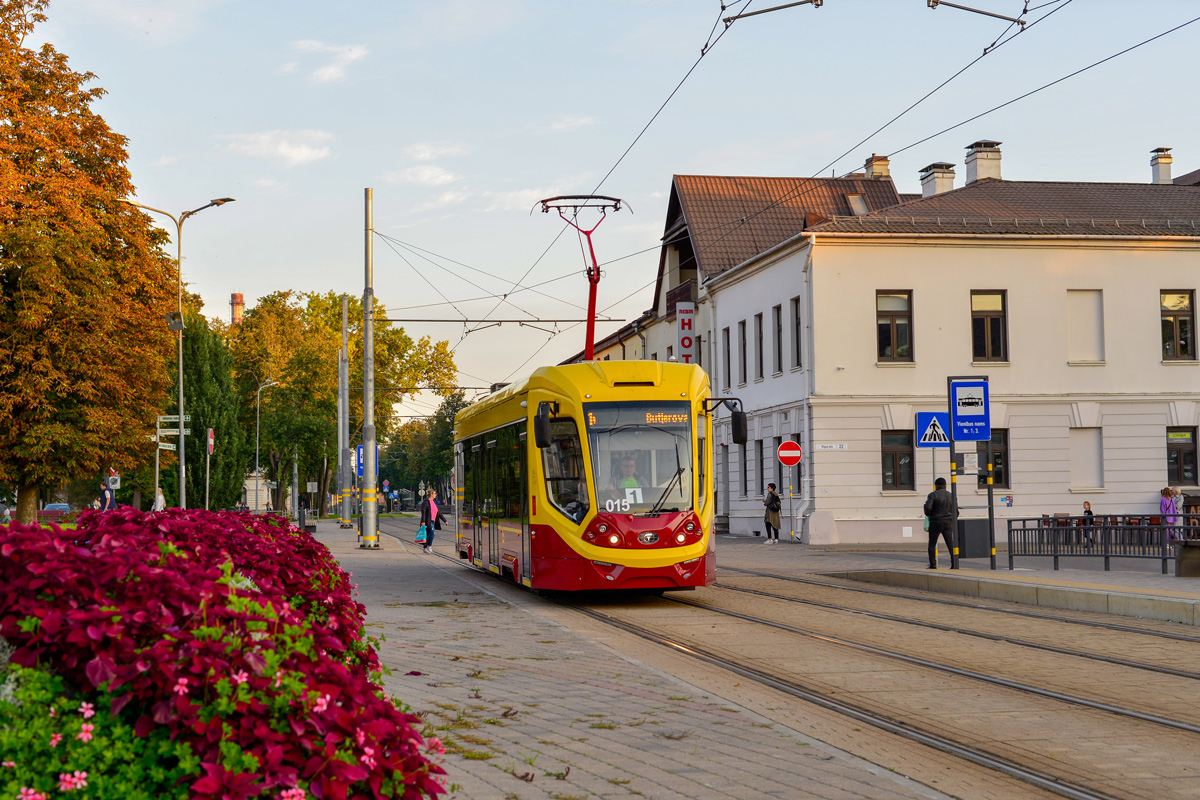 71-911 "City Star" tram manufactured by PC TS in the street of Daugavpils, Latvia, September 2021