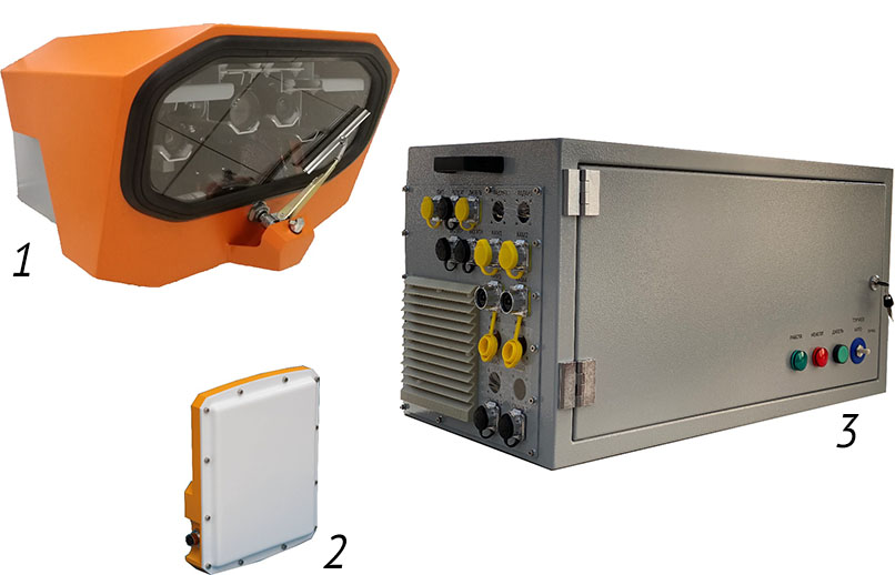 Elements of the Cognitive Rail Pilot system: 1 - a block of video cameras with an electronic climate control and maintenance system, and a three-axis vibration damping system, 2 - a specialised high-resolution millimeter-wave radar, 3 - a high-performance industrial computing block.