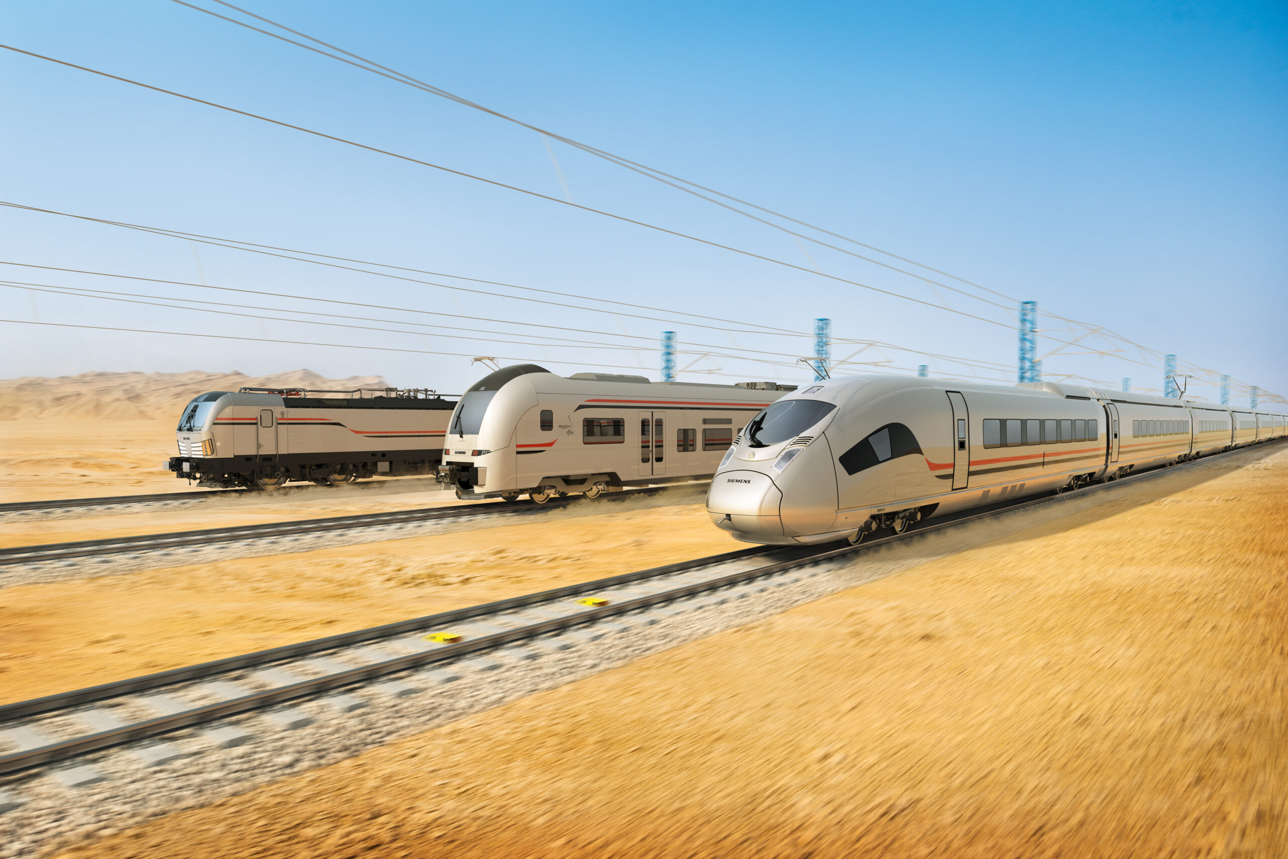 Renders of Velaro and Desiro High Capacity EMUs with Vectron electric locomotive for Egypt's first HSR line