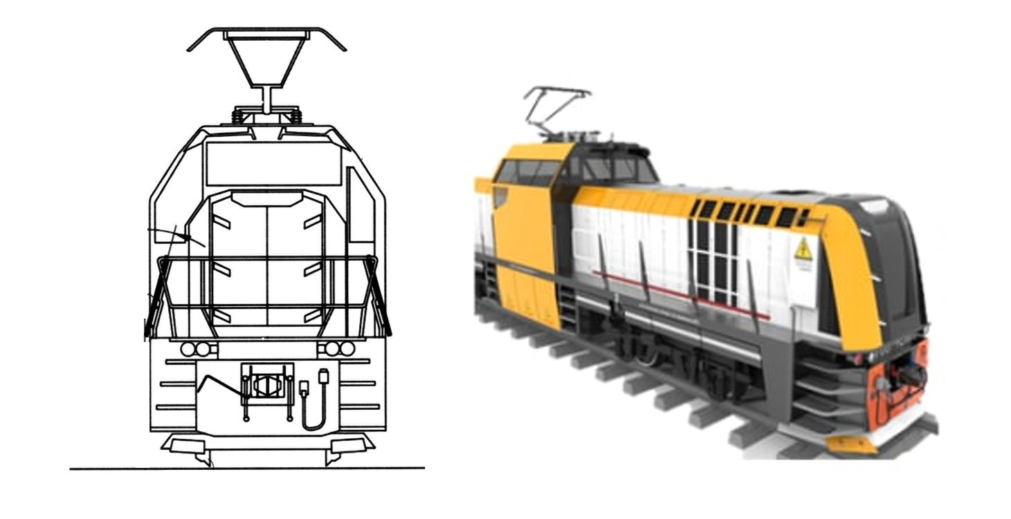 A draft of a shunting electric locomotive and a render of locomotive by the Locomotives Design Bureau (PKB CT) of Russian Railways
