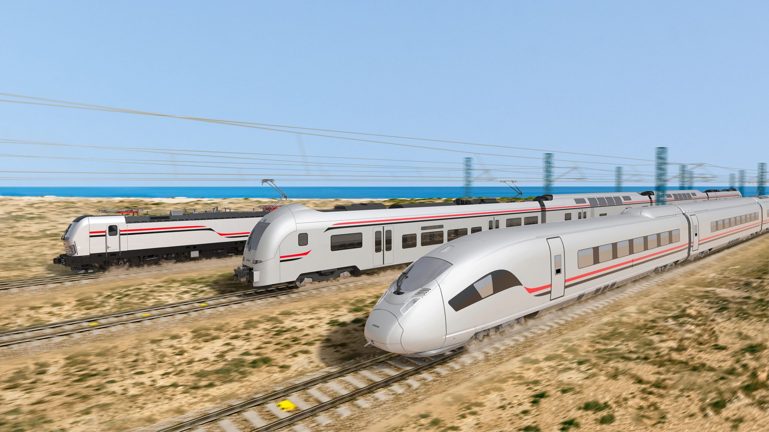 Render of the Vectron electric locomotive, Desiro High Capacity and Velaro trains for Egypt's first high-speed line