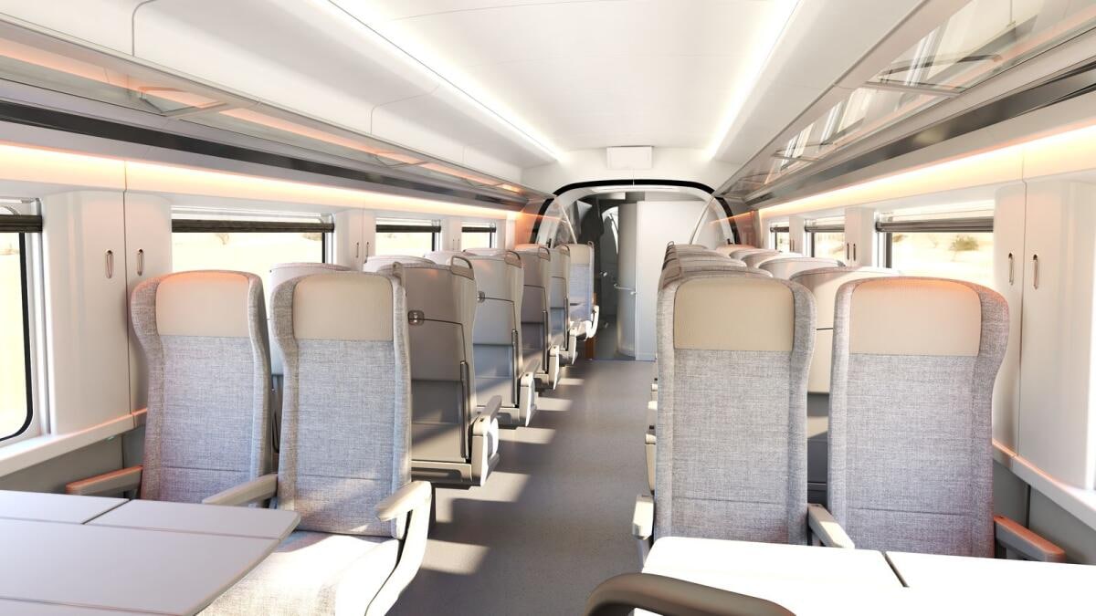 The interior of the train, which is planned to run on a 145 km line connecting 11 major cities in the UAE