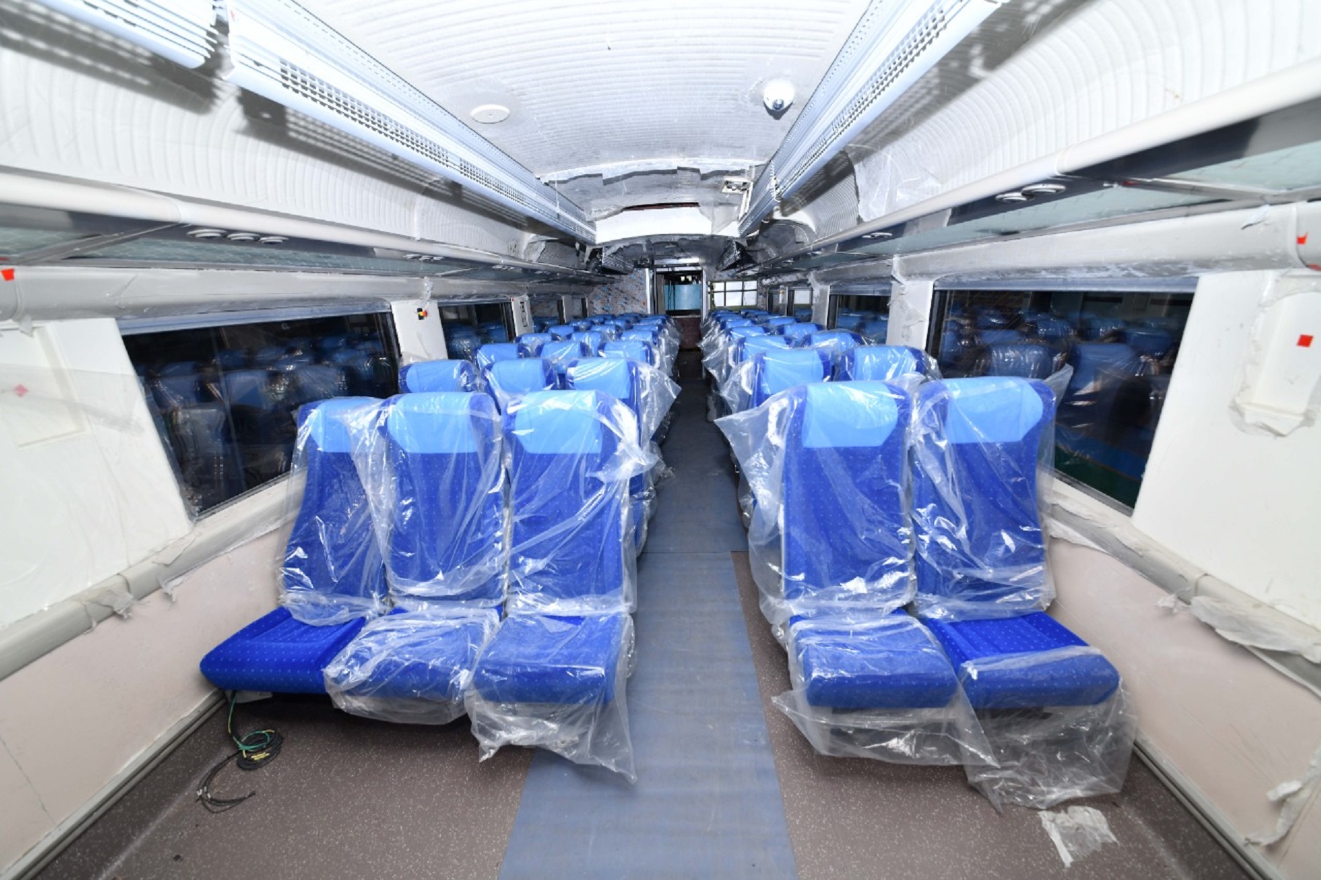 The interior of the first Vande Bharat EMU of second generation at the Integral Coach Factory