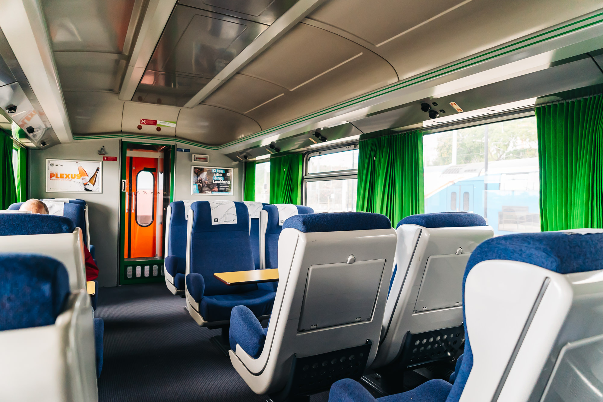 The 1st class coach interior of the Lisbon – Albufeira train operated by CP