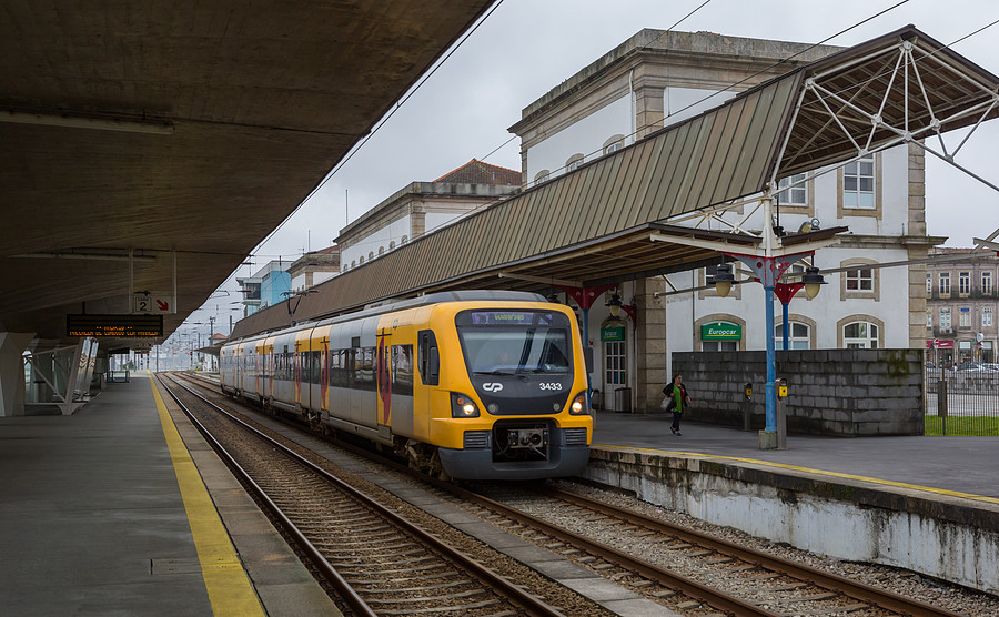 CP commuter train at the station in Porto