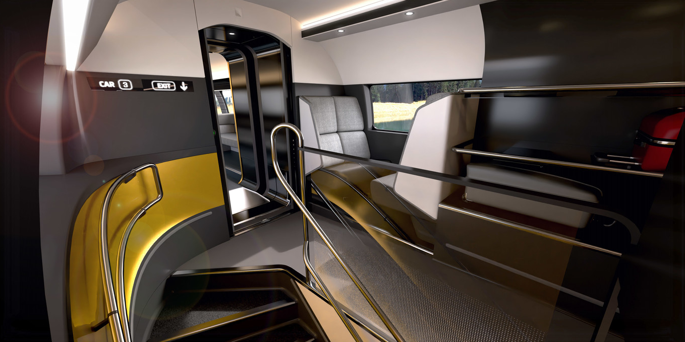 Renderings of the perspective interior design in the Avelia Horizon train