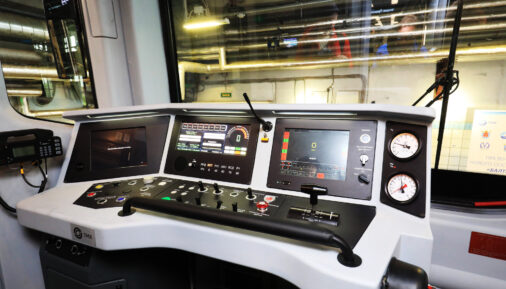 Control board in the driver’s cab of the Baltiets metro train