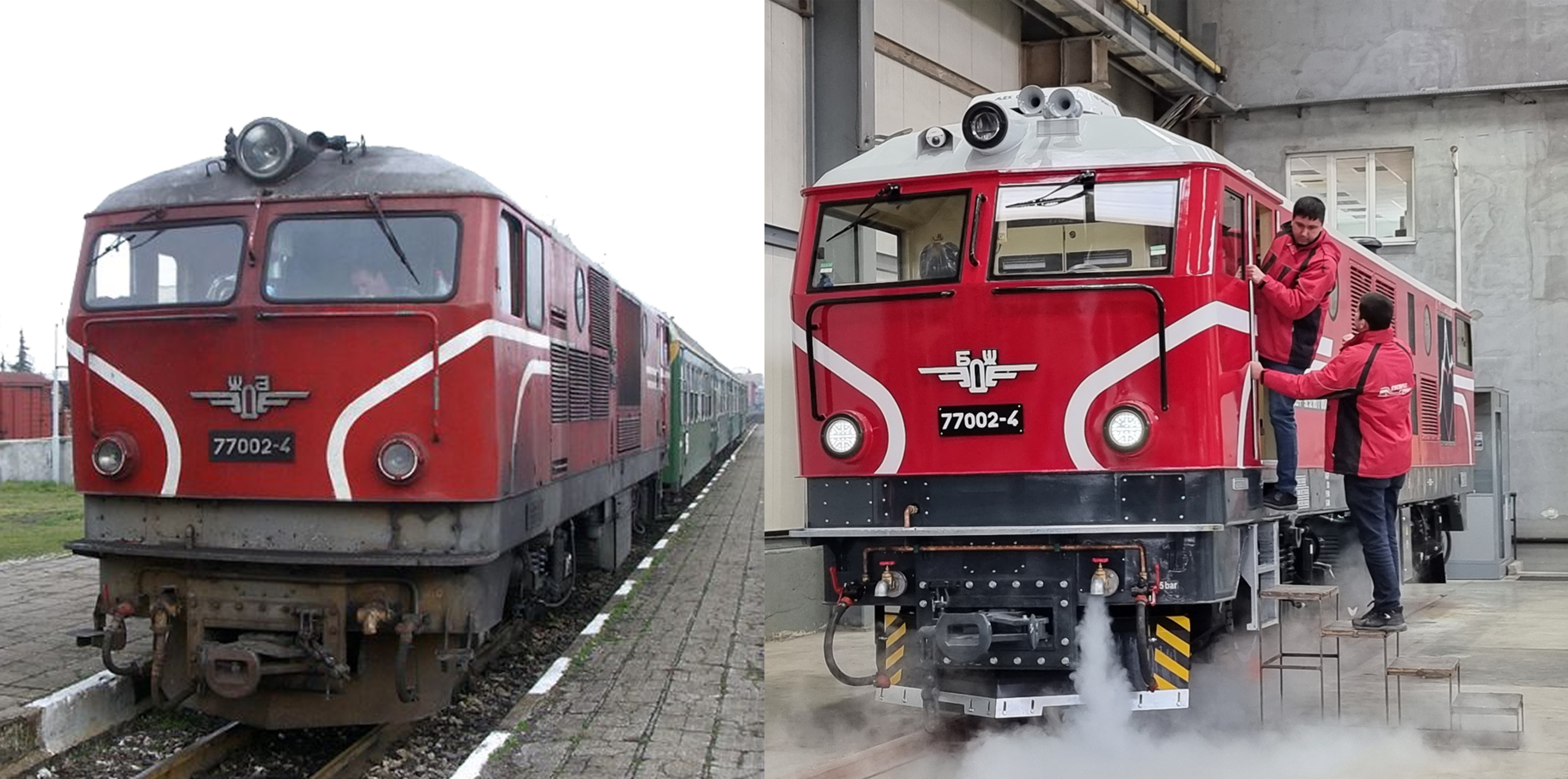 The 77 series diesel locomotive before (left) and after (right) overhauling by Express Service