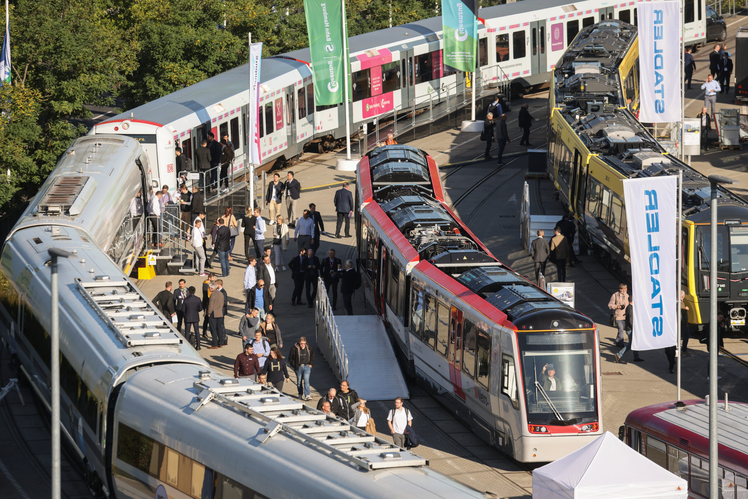 From left to right: Bombardier’s Class 474 metro train upgraded by Siemens Mobility, Stadler’s Class 398 Citylink tram-train and Stadler’s Class 777 IPEMU hybrid urban train at Innotrans 2022