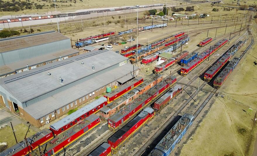 Aerial view of a locomotive depot in northern Pretoria, South Africa. Some of the locomotives in this depot are produced by CRRC