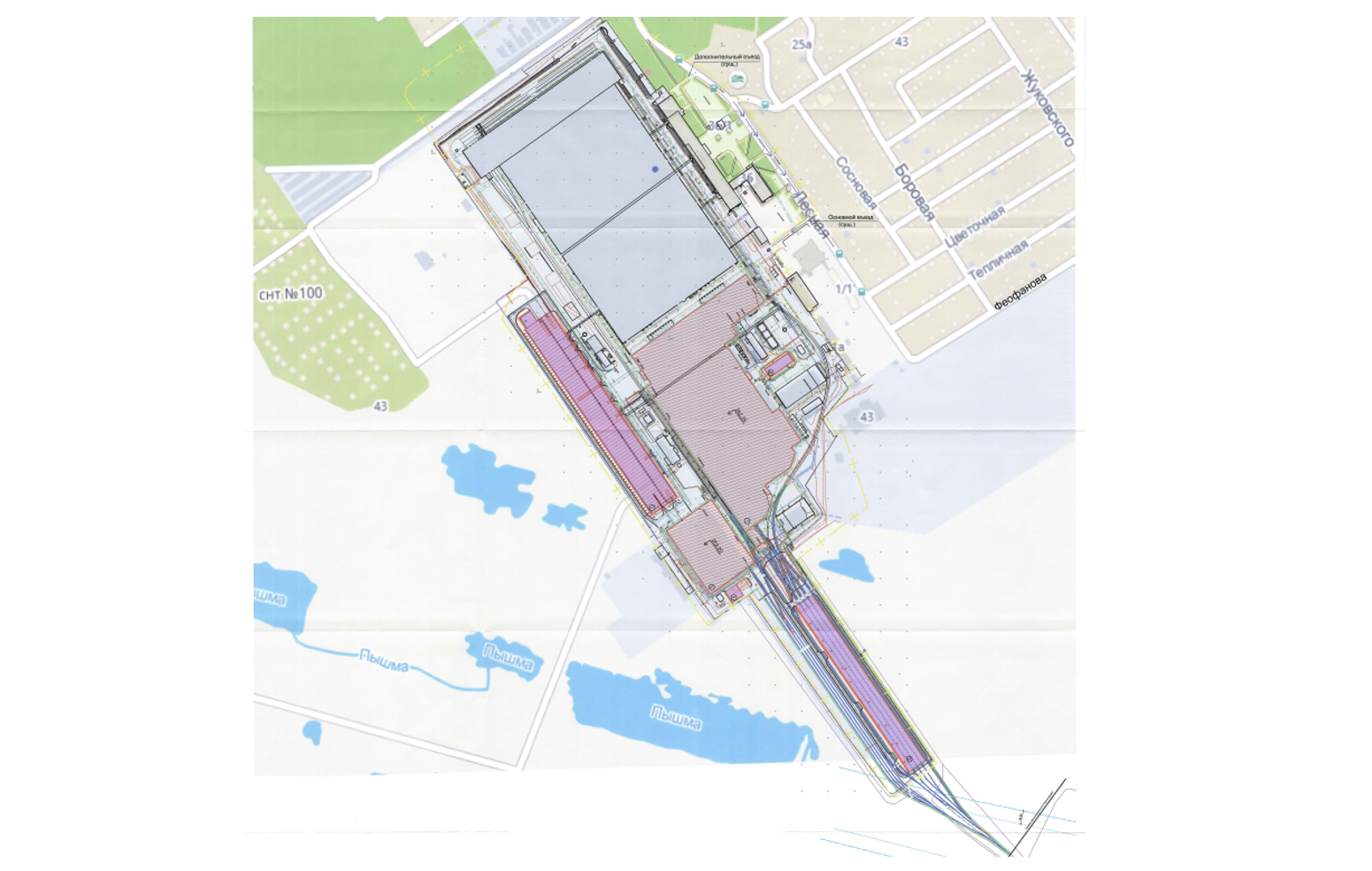 Scheme of the Ural locomotives production site development plan. New designed facilities are coloured purple, buildings to be reconstructed are red with strokes 