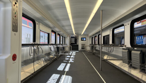 Interior of KISS electric train by Stadler for Caltrain