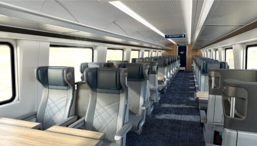 Interior visual of first-class train for Amtrak Airo service