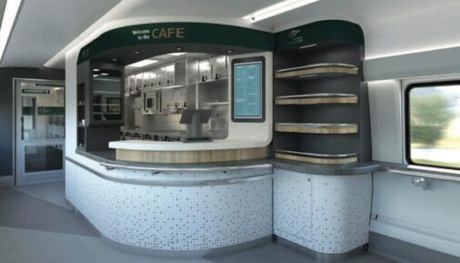 Interior visual of dining coach for Amtrak Cascades service