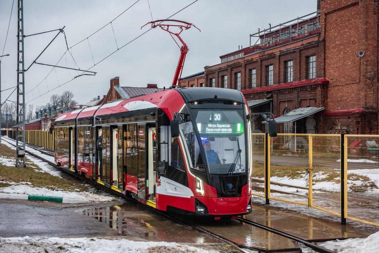 Presentation of a three-section low-floor 71-932 Nevsky tram at the Nevsky Electric Transport Plant