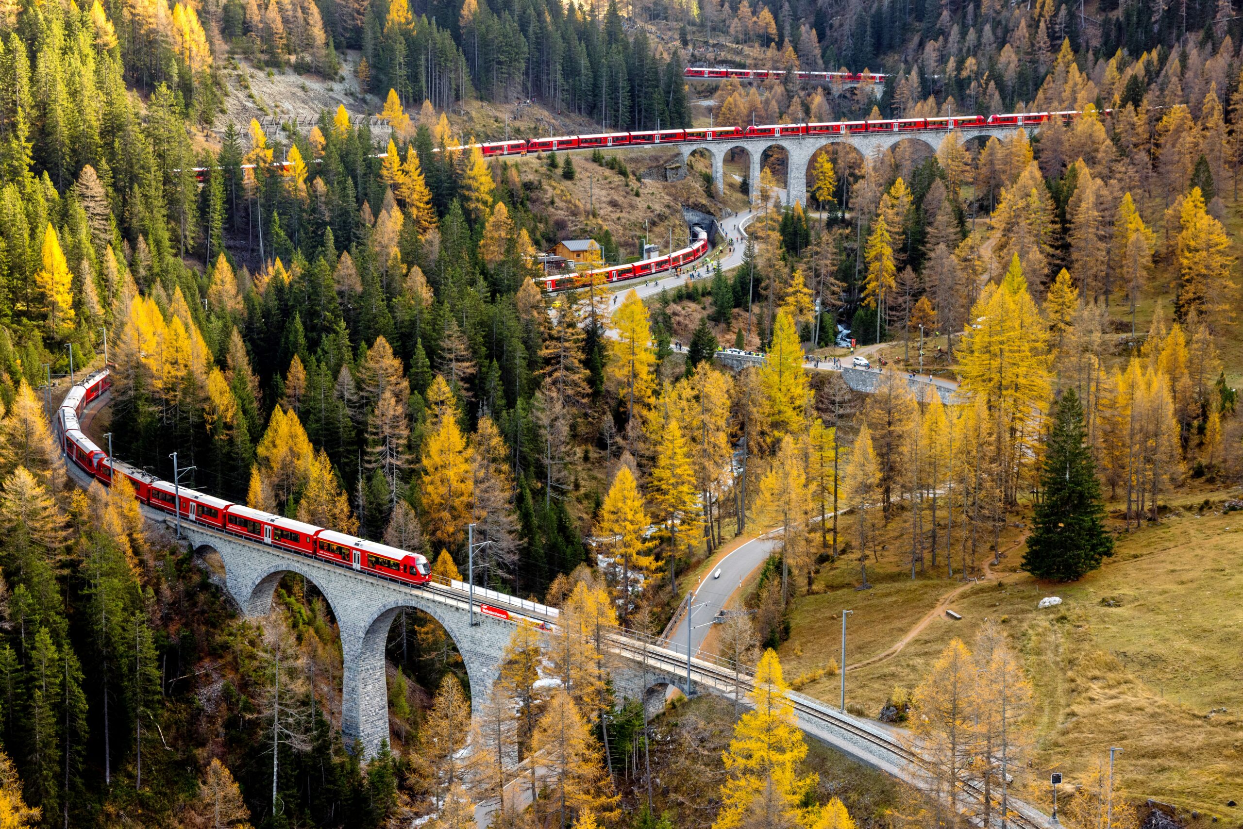 A 100-car RhB train while setting a world record in Switzerland on October 29, 2022