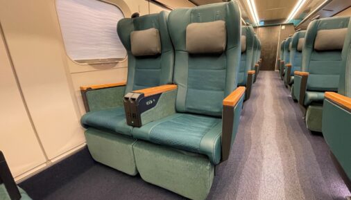 Interior of the first class car in E8 high-speed train by Kawasaki Rail and Hitachi Rail