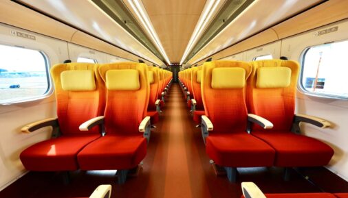 Interior of the second class car in E8 high-speed train by Kawasaki Rail and Hitachi Rail