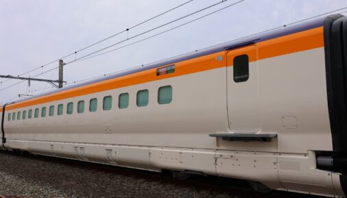 Exterior of E8 high-speed train by Kawasaki Rail and Hitachi Rail