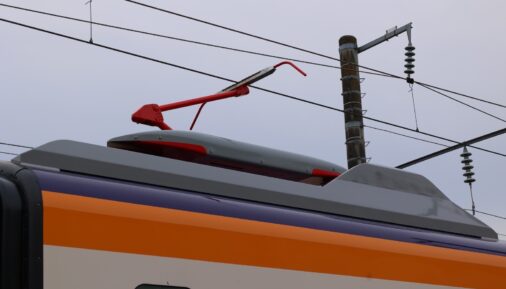 Pantograph of E8 high-speed train by Kawasaki Rail and Hitachi Rail.