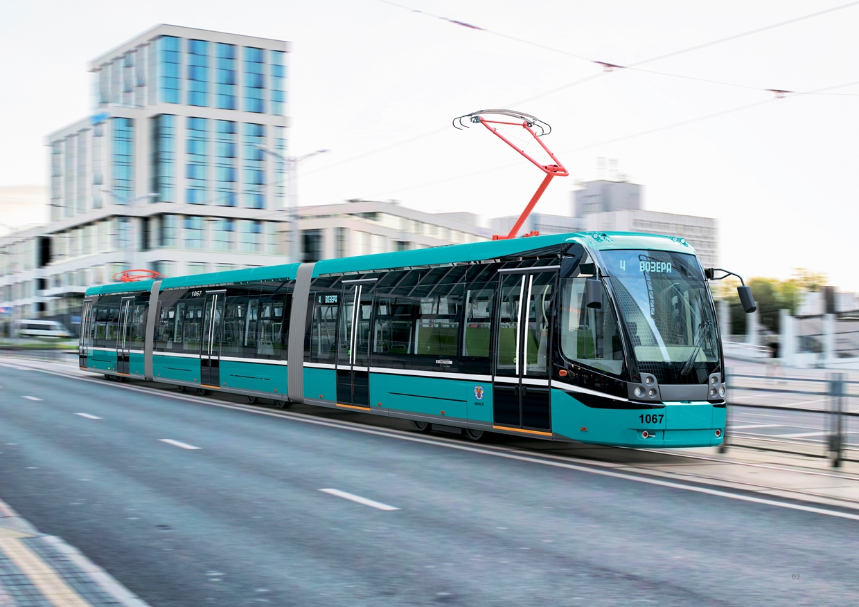 Render of a three-car low-floor tram model from BKM Holding