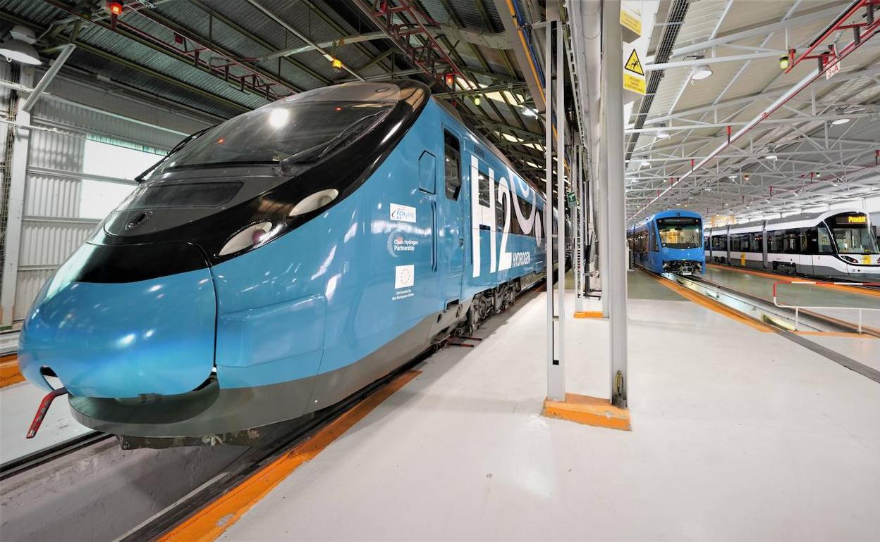 Hydrogen Civia 463 train and other rolling stock at CAF’s plant in Zaragoza