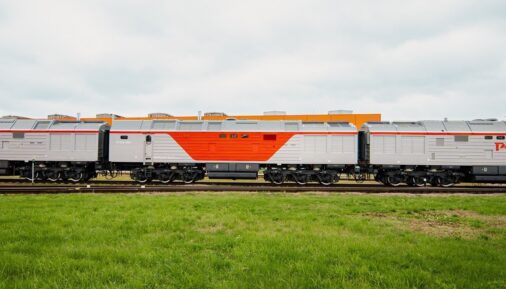Diesel locomotive 3TE28 in colours of Russian Railways at the Bryansk Engineering Plant
