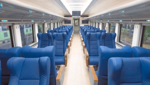 Inside the refurbished passenger coach by PT Inka