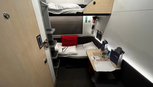 Inside a two-person compartment in the NightJet