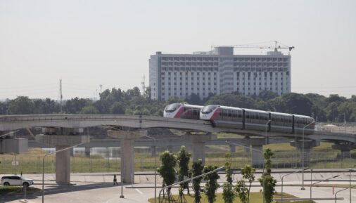 The monorail Innovia trains on the Pink Line in Bangkok
