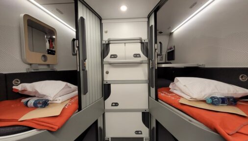 Inside a four-person compartment in the NightJet
