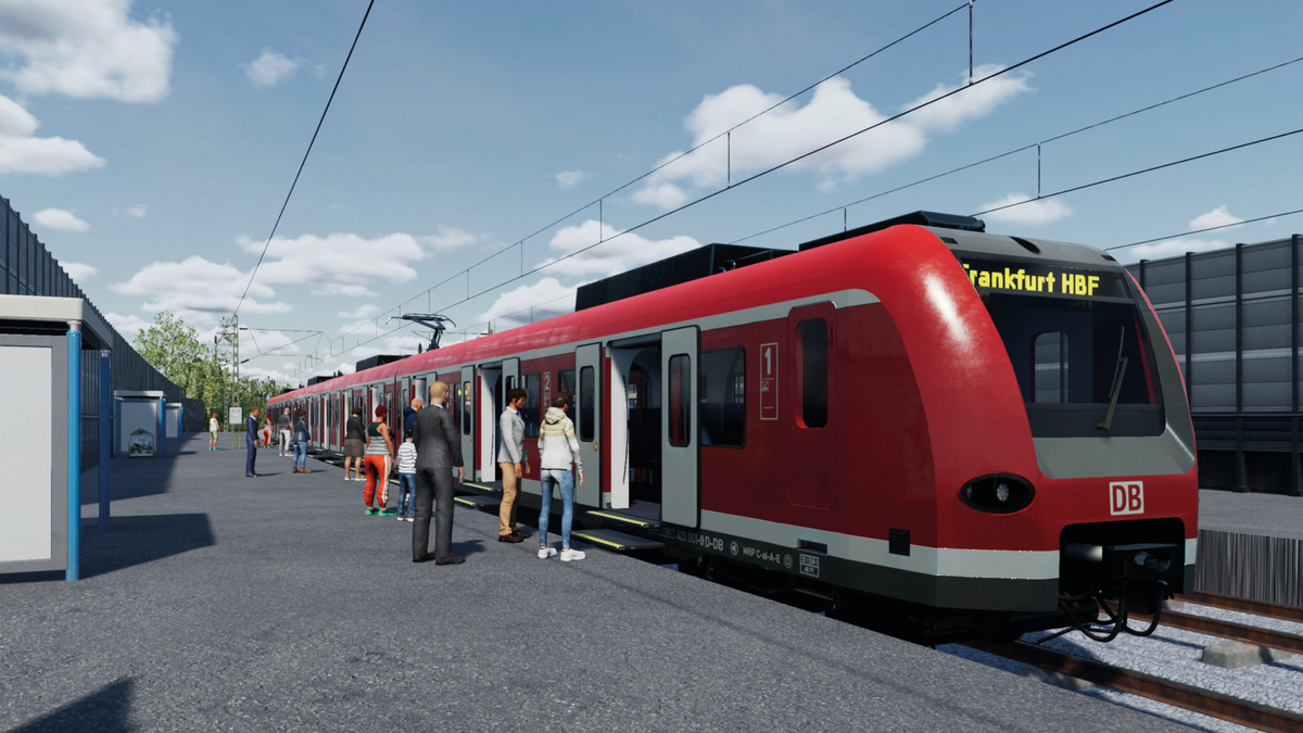 The simulated unmanned Class 423 train on the Frankfurt S-bahn, created in AURELION