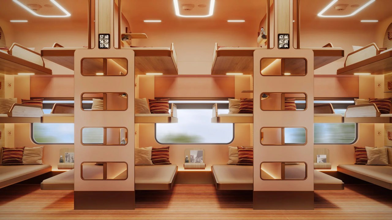 Rendering of a non-compartment coach with three-tier sleeper cars