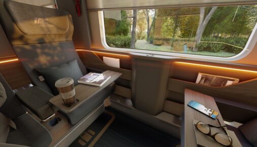 Rendering of the first-class coach with open seating arrangement