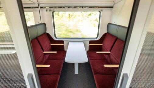 Passenger seats in the second-class coach of the Siemens Mobility Railjet train