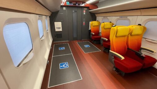 Inside the second-class car of the high-speed E8 EMU by Kawasaki Rail and Hitachi Rail