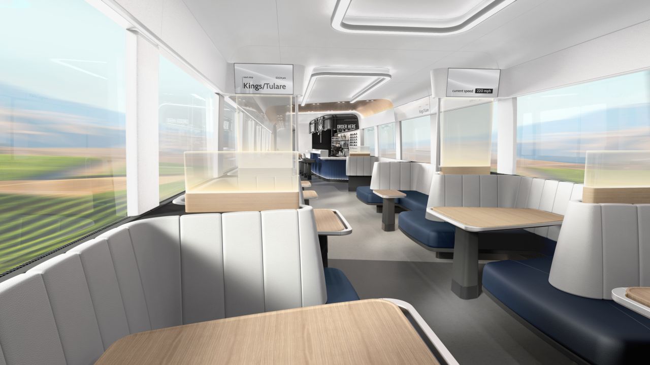 Rendering of a dining car of a future train on the Merced–Bakersfield line