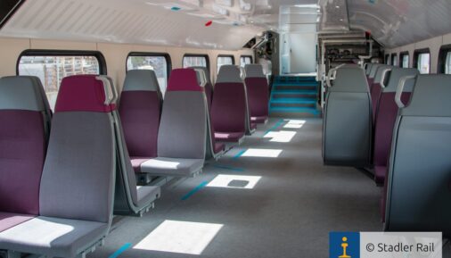 Passenger seats in the partially double-deck Stadler T100 EMU for Renfe