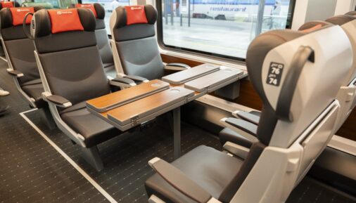 Passenger seats in the first-class coach of the ComfortJet from Siemens Mobility and Škoda Group