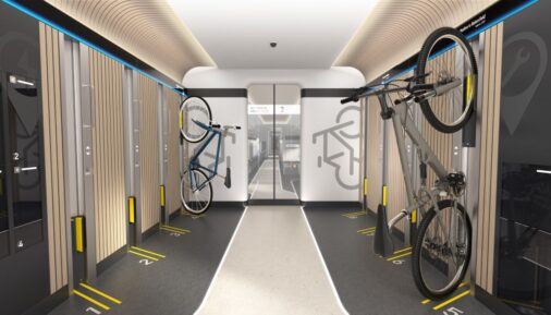 Rendering of a bike storage in a future train on the Merced–Bakersfield line