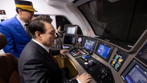 The President of the South Korea Yoon Suk Yeol in the driver's cab of the A000 EMU by Hyundai Rotem